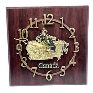 Canada Map Souvenir Wall Clock Wooden Gold Tone Plaque Working 8x8"